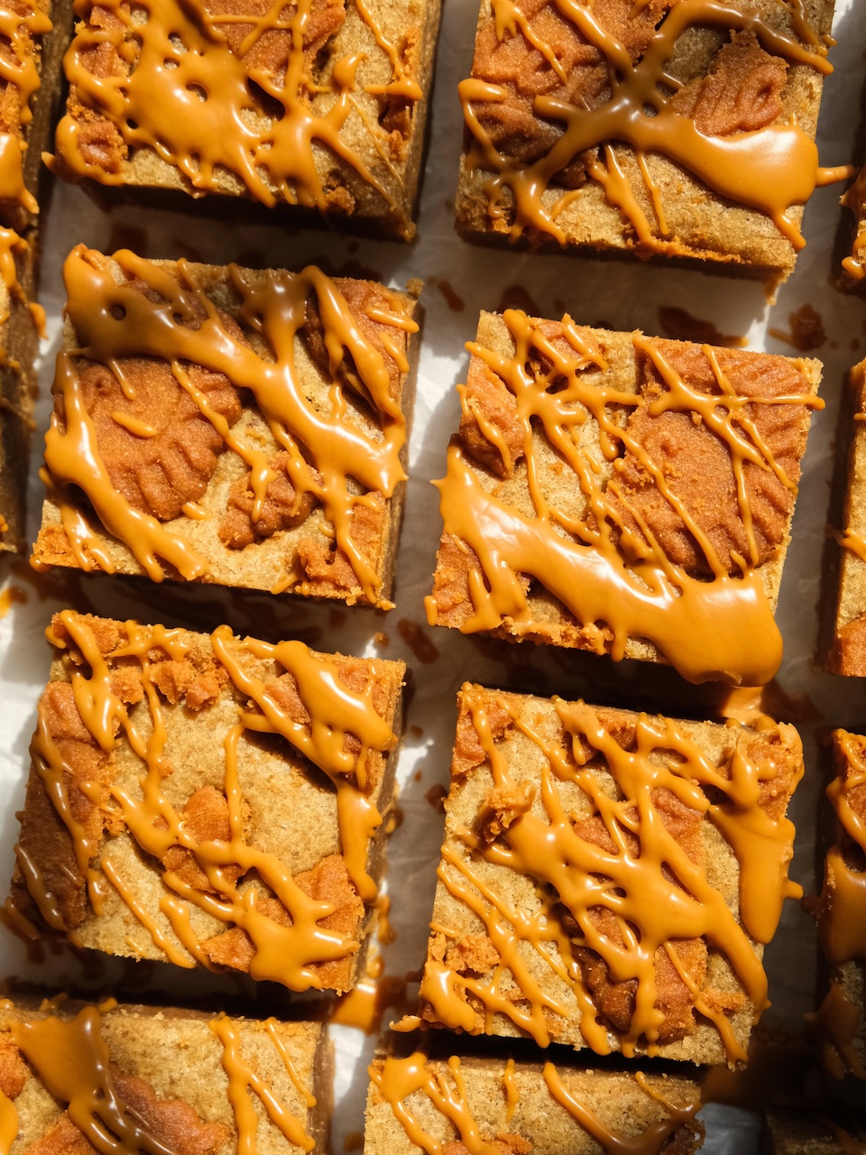 close up of Biscoff blondies cut into squares